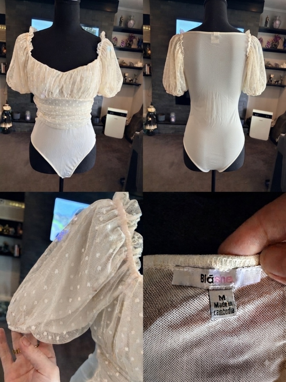 NWOT Blāshe Cream Puff-Sleeve Dot Mesh Bodysuit -M $ Beauty Gift Bag 🎁
